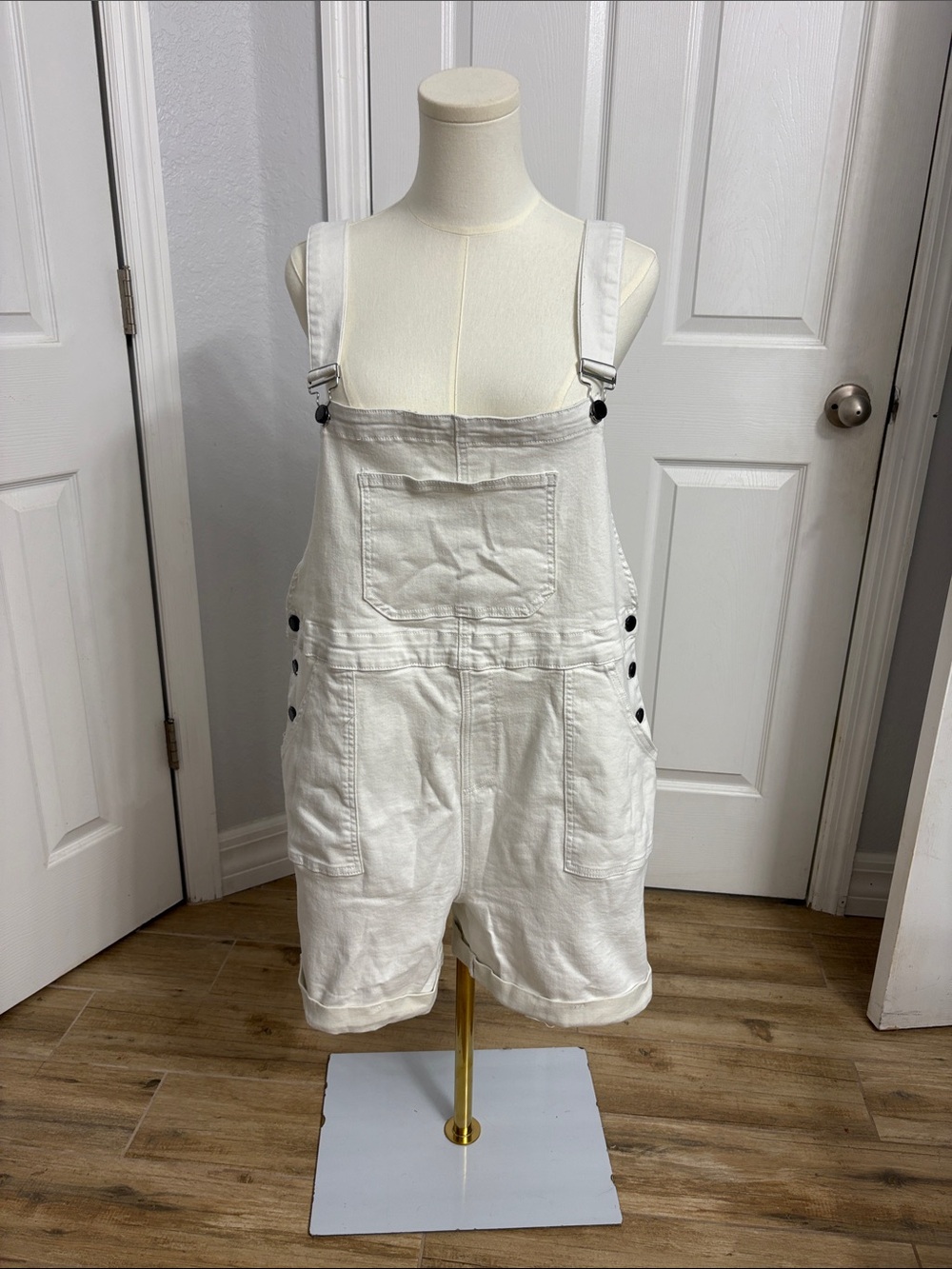 Women's White Denim Short Overalls - Classic Bib Romper